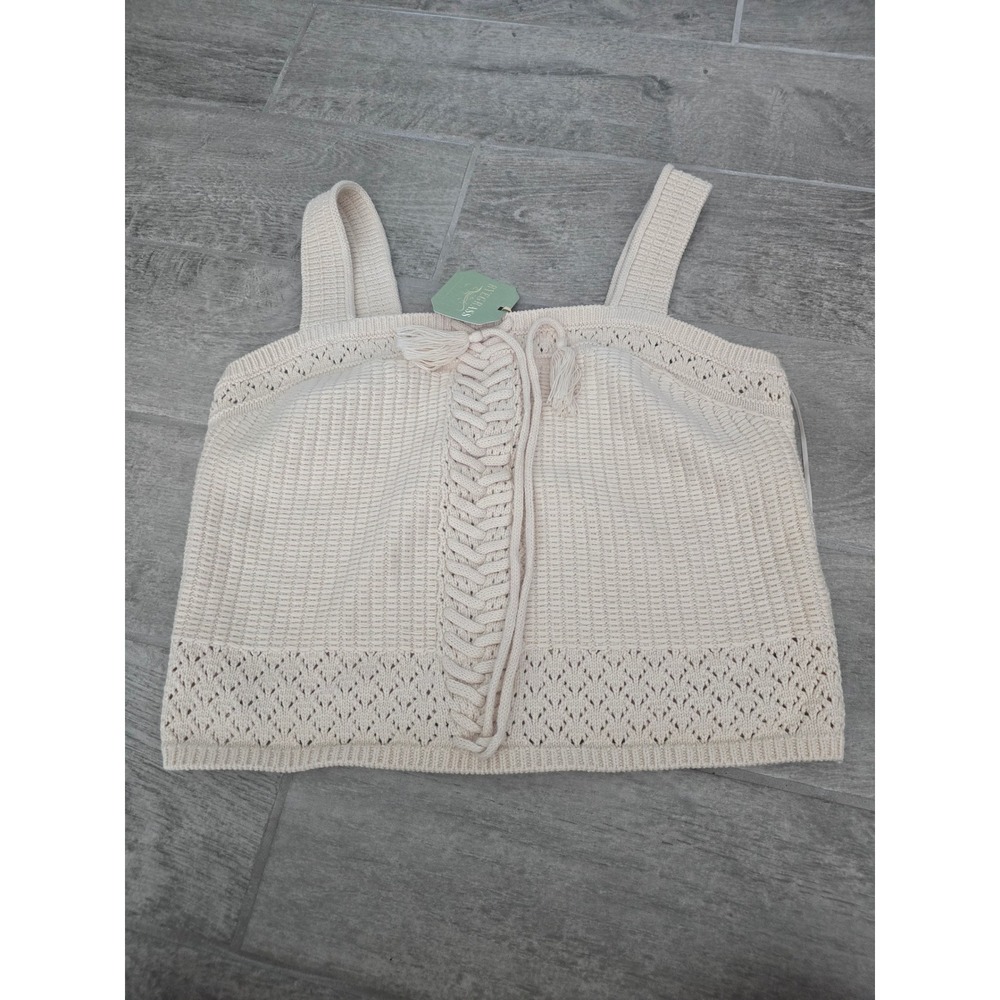 Ryegrass Cream Cable Knit Lace Up Crochet Trim Tank Top Sweater Women Medium Tan